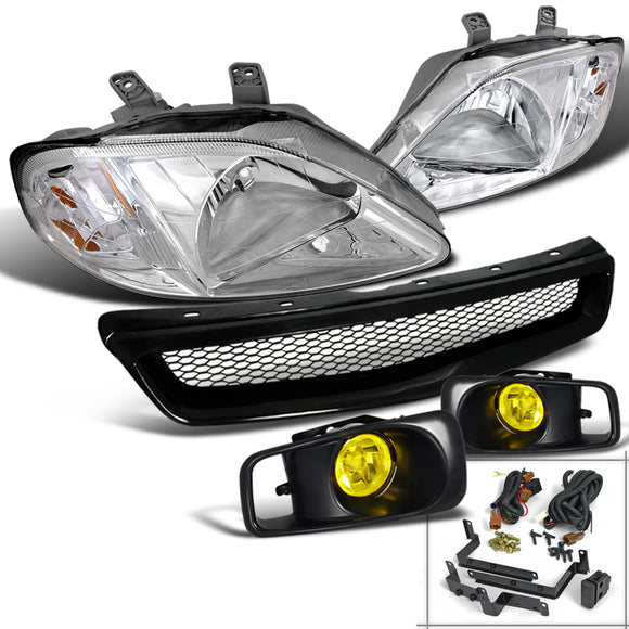 Coolstuffguru Compatible with Honda Civic Si LX DX Crystal Headlights ABS Mesh Grille Guard+Yellow Fog Lam