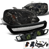 Coolstuffguru Compatible with Honda Civic 2/3/4Dr Smoke Headlights+Bumper Fog Lights+Black Mesh Grill