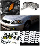 Coolstuffguru Compatible with Honda Civic 2/3/4Dr Black Headlights+Yellow Bumper Fog Lights+Black Mesh Gri