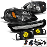 Coolstuffguru Compatible with Honda Civic 2/3/4Dr Black Headlights+Yellow Bumper Fog Lights+Black Mesh Gri