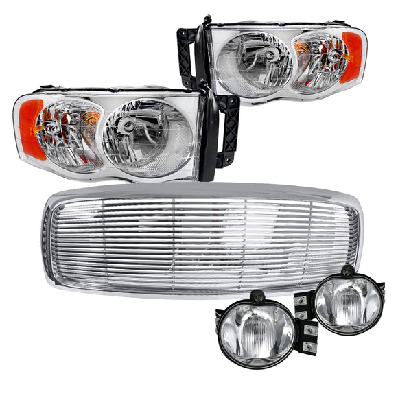 Coolstuffguru Compatible with Dodge Ram 1500/2500/3500 Chrome Headlights+Billet Grille+Clear Fog Lights
