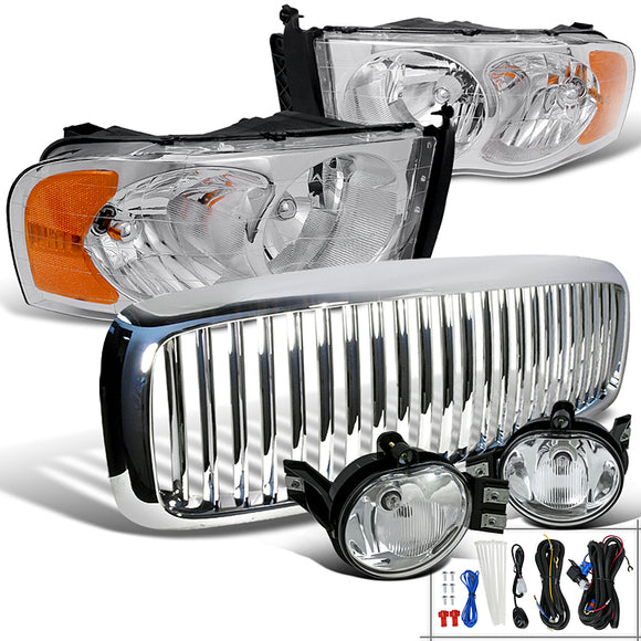 Coolstuffguru Compatible with Dodge Ram 1500/2500/3500 Chrome Headlights+Vertical Grill+Clear Fog Lights