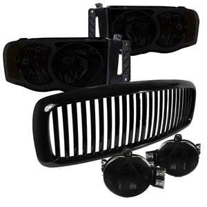 Coolstuffguru Compatible with Dodge Ram Smoked Lens Headlights, Fog Lights, Glossy Black Vertical Grille
