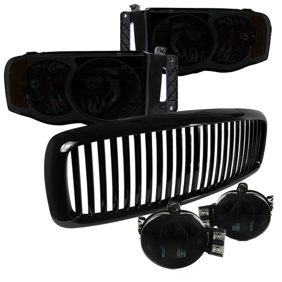Coolstuffguru Compatible with Dodge Ram Smoked Lens Headlights, Fog Lights, Glossy Black Vertical Grille