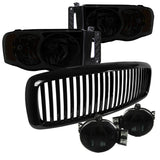 Coolstuffguru Compatible with Dodge Ram Smoked Lens Headlights, Fog Lights, Glossy Black Vertical Grille