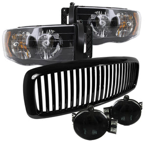Coolstuffguru Compatible with Dodge Ram 1500 2500 3500 Black Headlights, Vertical Grill, Smoked Fogs Lligh