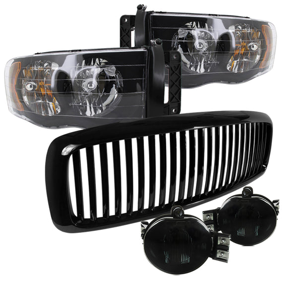 Coolstuffguru Compatible with Dodge Ram 1500 2500 3500 Black Headlights, Vertical Grill, Smoked Fogs Lligh