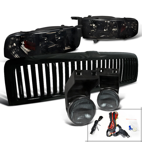 Coolstuffguru Compatible with Dodge Ram 1500/2500/3500 Smoke Headlights+Fog Lamps+Black Vertical Grill