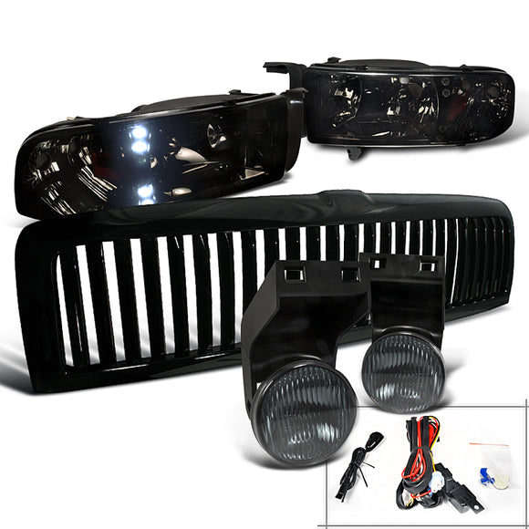 Coolstuffguru Compatible with Dodge Ram 1500/2500/3500 Smoke LED Headlights+Fog Lamps+Black Vertical Grill