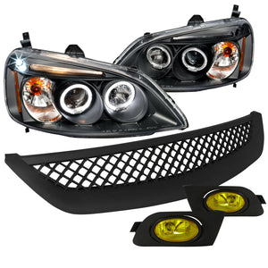 Coolstuffguru HEAD LIGHT+YELLOW FOG+MESH GRILLE ABS Compatible with 2001-2003 HONDA CIVIC