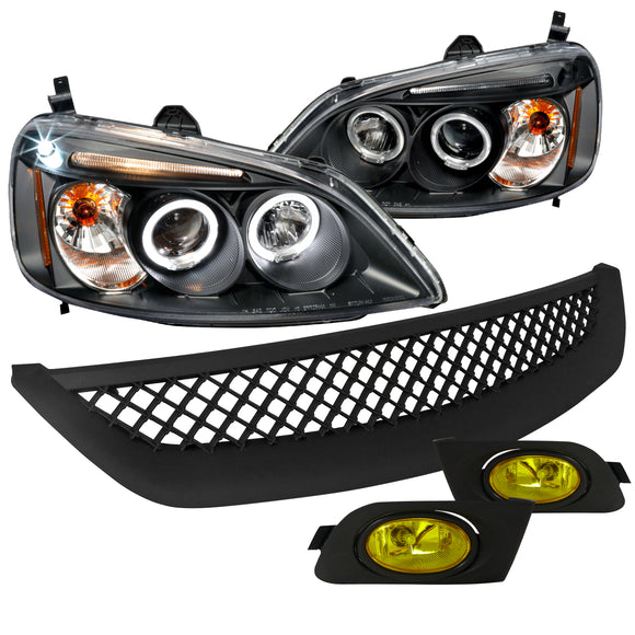 Coolstuffguru HEAD LIGHT+YELLOW FOG+MESH GRILLE ABS Compatible with 2001-2003 HONDA CIVIC