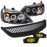 Coolstuffguru HEAD LIGHT+YELLOW FOG+MESH GRILLE ABS Compatible with 2001-2003 HONDA CIVIC