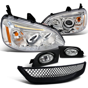 Coolstuffguru Compatible with 01-03 HONDA CIVIC CHROME HEAD LIGHT+FOG+MESH GRILLE ABS