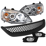 Coolstuffguru Compatible with 01-03 HONDA CIVIC CHROME HEAD LIGHT+FOG+MESH GRILLE ABS