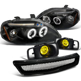 Coolstuffguru HEAD LIGHT+YELLOW FOG+MESH GRILLE ABS Compatible with 1999-2000 HONDA CIVIC