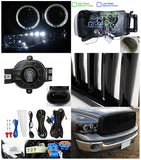 Coolstuffguru Compatible with Dodge Ram Black LED Halo Projector Headlights+Hood Grill+Smoke Fog Lamps