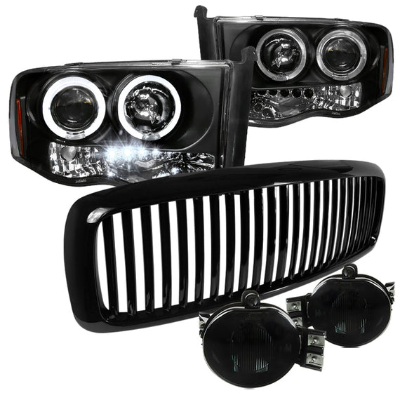 Coolstuffguru Compatible with Dodge Ram Black LED Halo Projector Headlights+Hood Grill+Smoke Fog Lamps