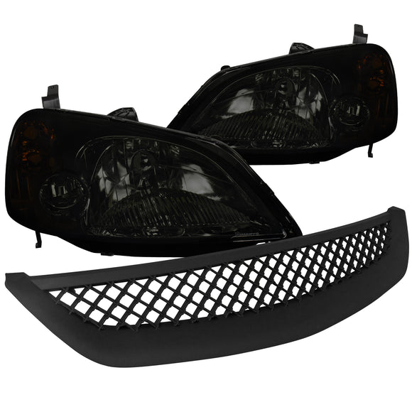 Coolstuffguru Compatible with Honda Civic EM ES 2/4Dr Smoke Crystal Headlight+ABS Type Mesh Hood Grill R