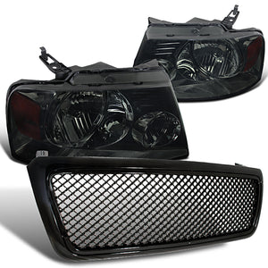 Coolstuffguru Compatible with Ford F150 Smoke Crystal Headlights+Black Mesh Hood Grille