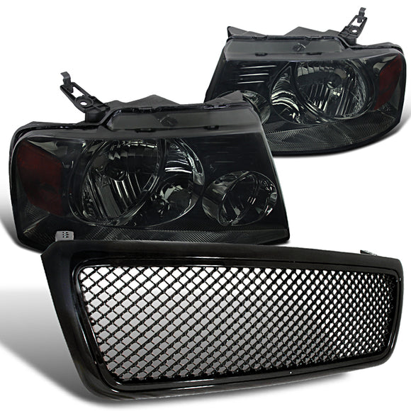 Coolstuffguru Compatible with Ford F150 Smoke Crystal Headlights+Black Mesh Hood Grille