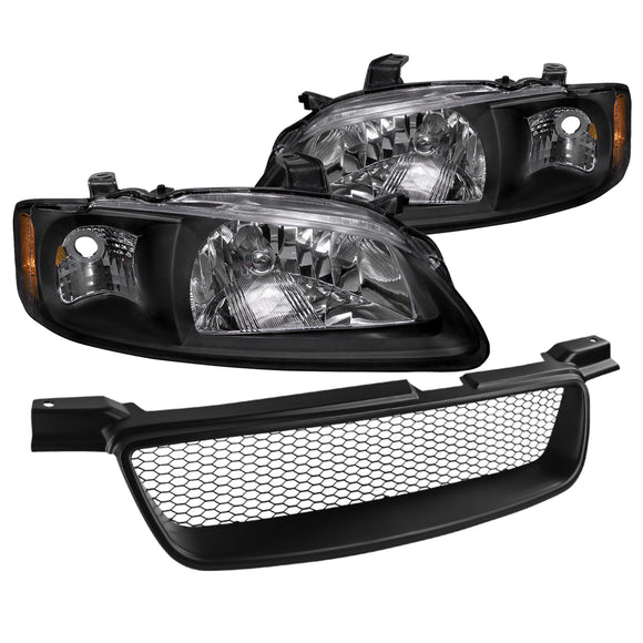 Coolstuffguru Compatible with Nissan Sentra JDM Black Crystal Headlights+Mesh Bumper Hood Grille