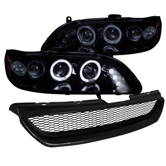 Coolstuffguru Compatible with Honda Accord LX EX JDM Glossy Black Projector Headlights, Hood Grille Guard