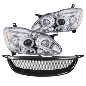 Coolstuffguru Compatible with Toyota Corolla Chrome Dual Halo LED Projector Headlight+Front Mesh Grille