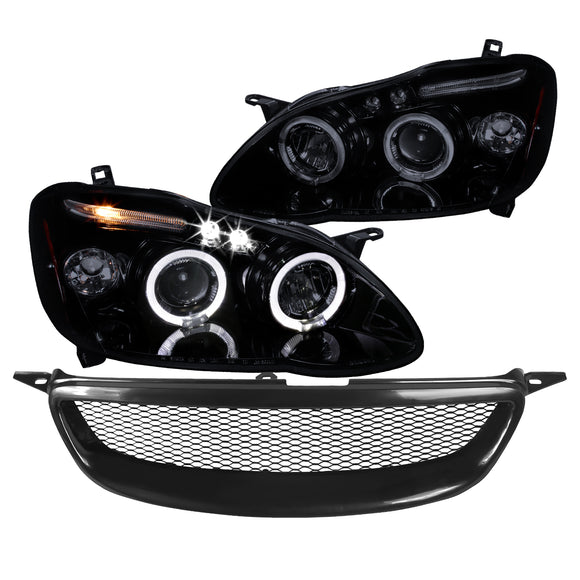 Coolstuffguru Compatible with Toyota Corolla Glossy Black LED Halo Projector Headlights+Mesh Hood Grill