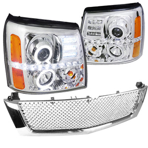 Coolstuffguru CHROME MESH HOOD GRILLE+LED HALO HEADLIGHTS Compatible with 2002-2006 ESCALADE