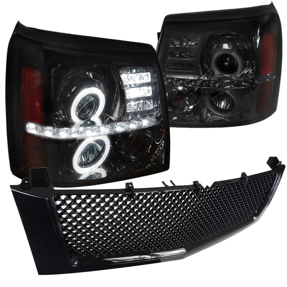 Coolstuffguru LED HALO SMOKE HEADLIGHTS+GLOSSY BLACK MESH HOOD GRILL ABS GR Compatible with 2002-2006 ESCALADE