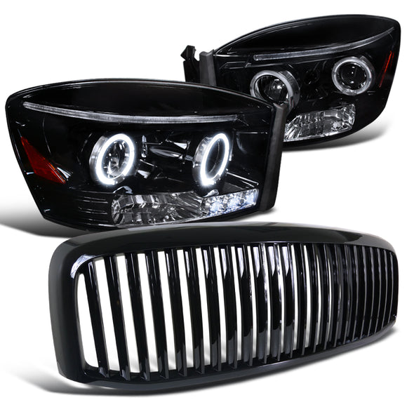 Coolstuffguru Compatible with Glossy Black Ram 1500/2500/3500 LED Halo Projector Headlights+Grille