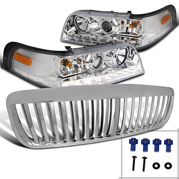 Coolstuffguru Compatible with Crown Victoria Chrome LED Proejctor Headlights+Vertical Hood Grill