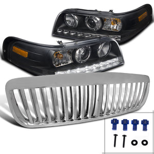 Coolstuffguru Compatible with Frod Crown Victoria Black LED Proejctor Headlights+Chrome Hood Grill