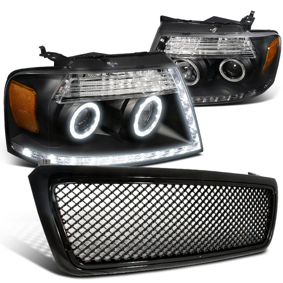 Coolstuffguru Compatible with Ford F150 Black Halo R8 LED DRL Projector Headlights+Mesh Hood Grill