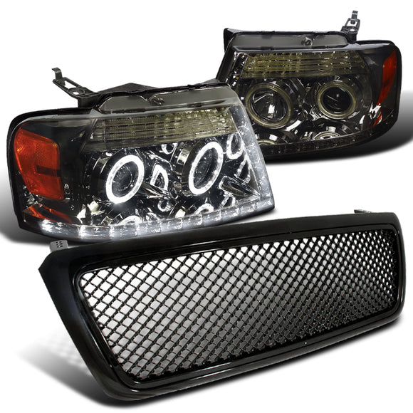 Coolstuffguru Compatible with Ford F150 Smoke Halo R8 LED Projector Headlights+Black Mesh Hood Grille