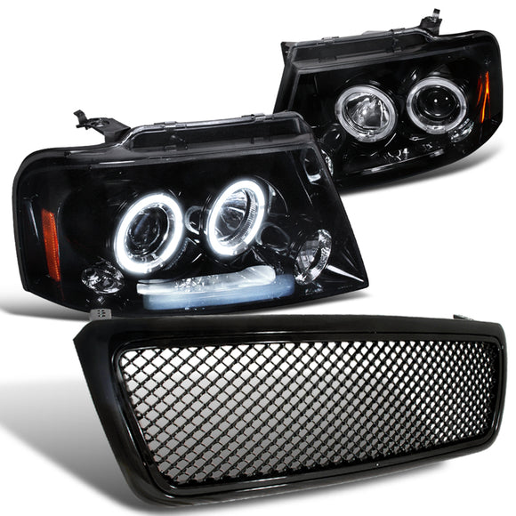 Coolstuffguru Compatible with Glossy Black F150 LED Halo Projector Headlights+Honeycomb Mesh Grille