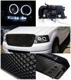 Coolstuffguru Compatible with Ford F150 Black Dual Halo LED DRL Projector Headlights+Mesh Hood Grill
