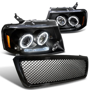 Coolstuffguru Compatible with Ford F150 Black Dual Halo LED DRL Projector Headlights+Mesh Hood Grill