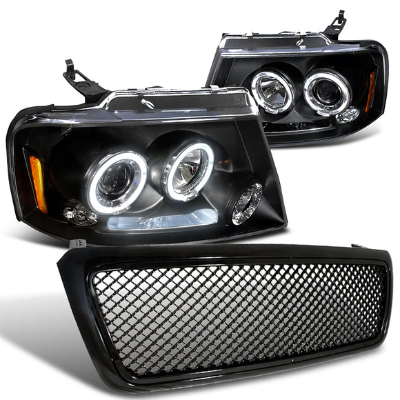 Coolstuffguru Compatible with Ford F150 Black Dual Halo LED DRL Projector Headlights+Mesh Hood Grill