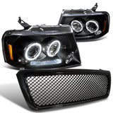 Coolstuffguru Compatible with Ford F150 Black Dual Halo LED DRL Projector Headlights+Mesh Hood Grill
