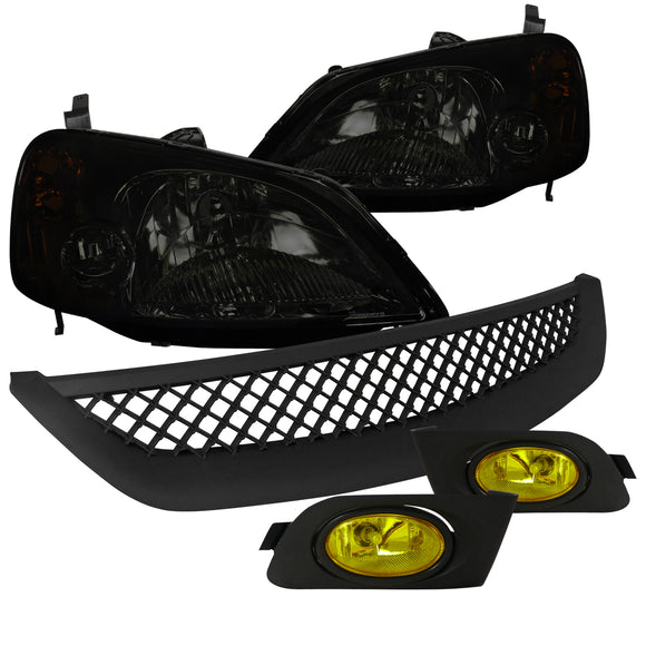 Coolstuffguru Compatible with Honda Civic 2/4Dr Smoke Headlights+Yellow Fog Bumper Lamp+Mesh Grill