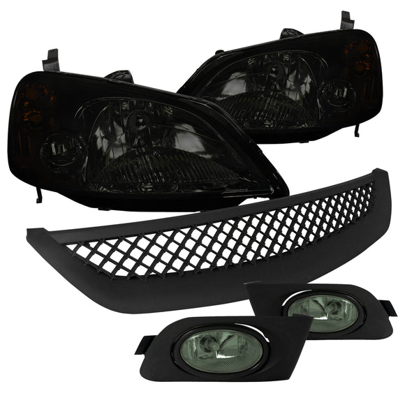 Coolstuffguru Compatible with Honda Civic 2/4Dr Smoke Headlights+Fog Bumper Lamp+Mesh Grill