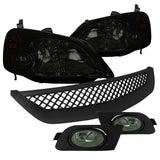 Coolstuffguru Compatible with Honda Civic 2/4Dr Smoke Headlights+Fog Bumper Lamp+Mesh Grill