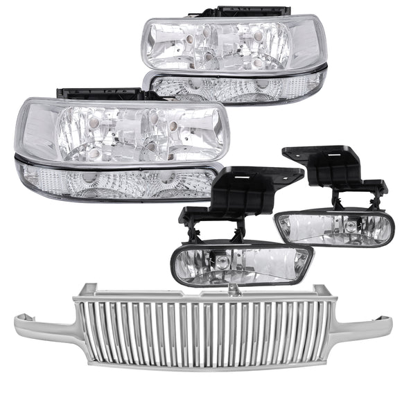 Coolstuffguru Compatible with Chevy Silverado Chrome Clear Headlights+Bumper+Fog Lamp+Chrome Vertical Gril