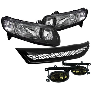 Coolstuffguru Compatible with Honda Civic 2Dr Coupe Black Crystal Headlights+Smoke Fog Lamps+Grill