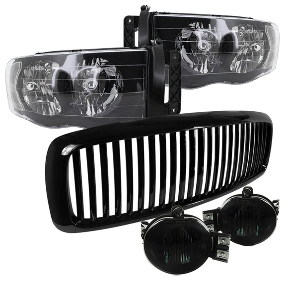 Coolstuffguru Compatible with Dodge Ram 1500 2500 3500 Headlights W/ Smoke Fog Bumper Lamp+Hood Grille Bla