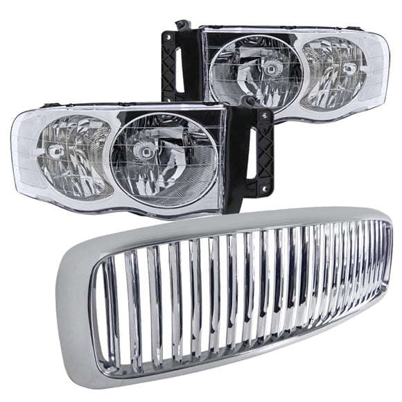 Coolstuffguru Compatible with Dodge Ram 1500 2500 3500 Clear Crystal Headlights+Chrome Vertical Hood Grill