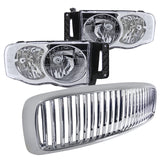 Coolstuffguru Compatible with Dodge Ram 1500 2500 3500 Clear Crystal Headlights+Chrome Vertical Hood Grill