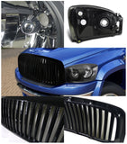 Coolstuffguru Compatible with Dodge Ram 1500 2500 3500 Black Crystal Headlights+Vertical Hood Grille