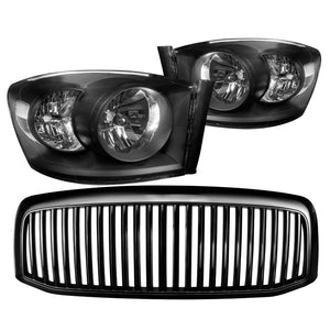 Coolstuffguru Compatible with Dodge Ram 1500 2500 3500 Black Crystal Headlights+Vertical Hood Grille